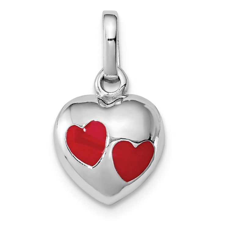 Rhodium Over Sterling Silver Polished Red Enameled Hearts Children's Pendant