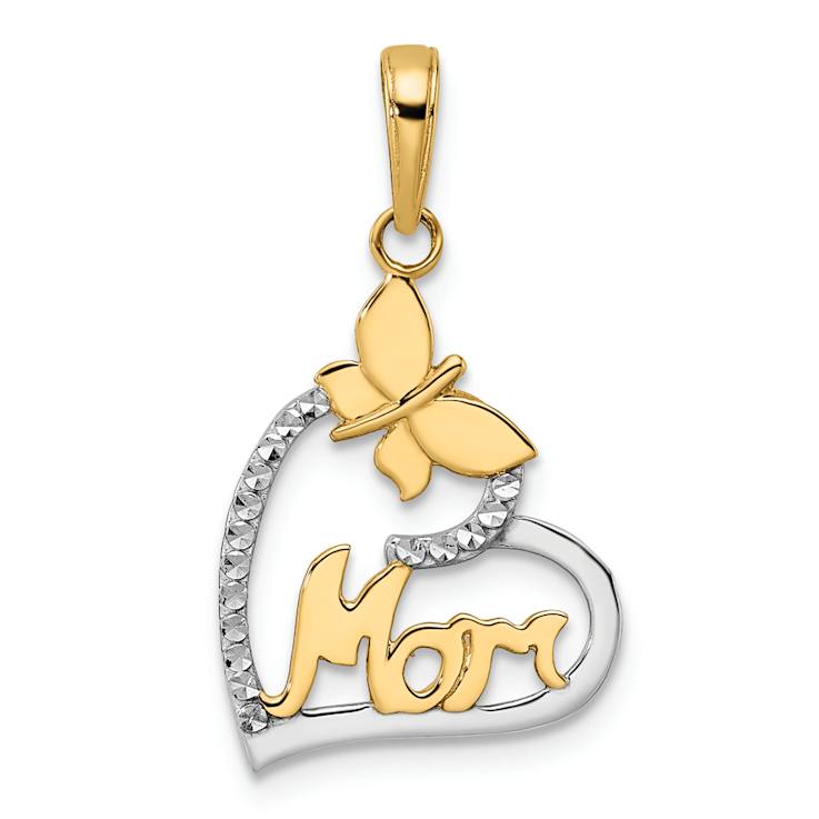 14K Two-tone Gold Diamond-Cut Butterfly and Mom in Heart Pendant