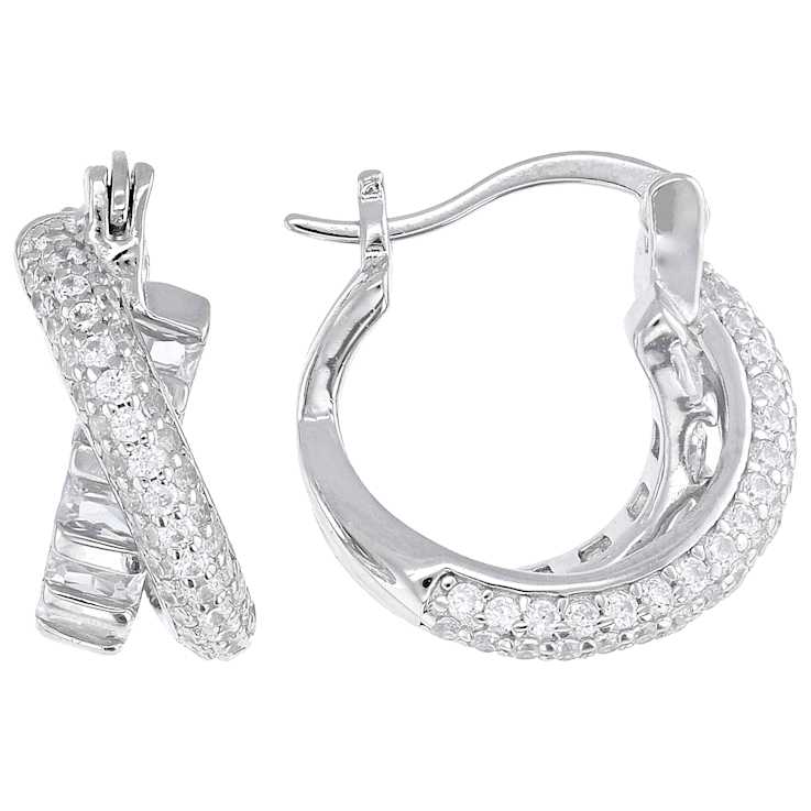 Crossover CZ Hoop Earrings In Sterling Silver