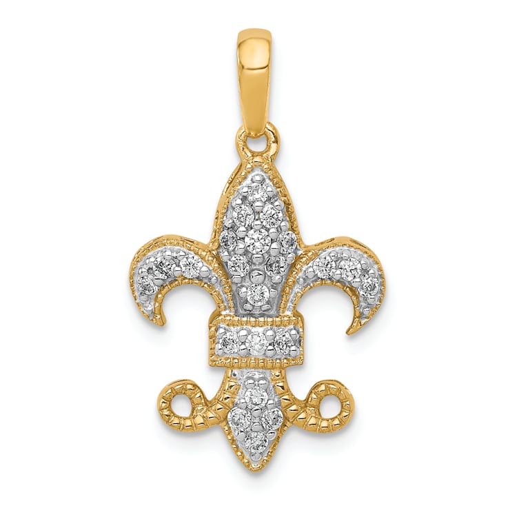 14k Yellow Gold and Rhodium Over 14k Yellow Gold Diamond Fleur De Lis Pendant