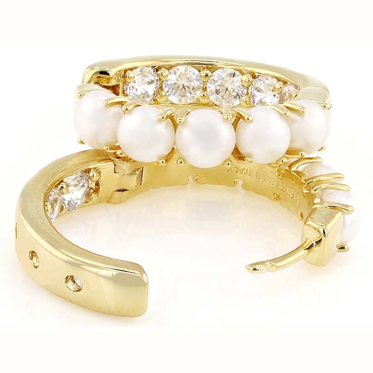 Freshwater Pearl And CZ Hoop Earrings In 18K Gold Over Bronze