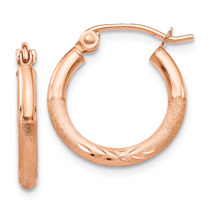 14k Rose Gold Satin and Diamond-Cut 9/16" Hoop Earrings