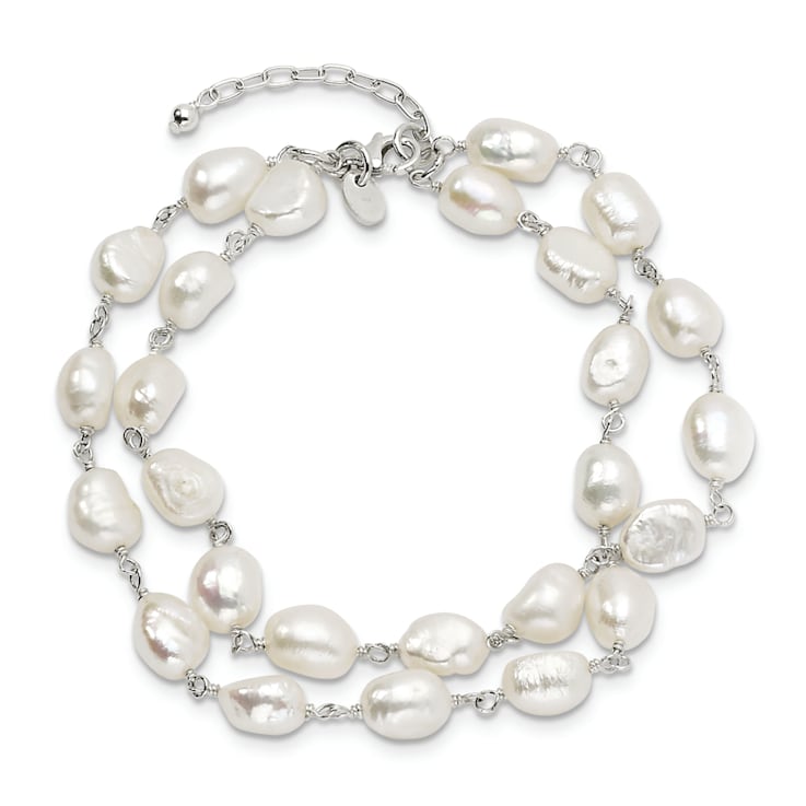 Sterling Silver 2-Strand White Baroque Freshwater Cultured Pearl 8.5in Bracelet