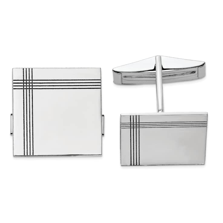 14k White Gold Men's Square With Line Design Cuff Links