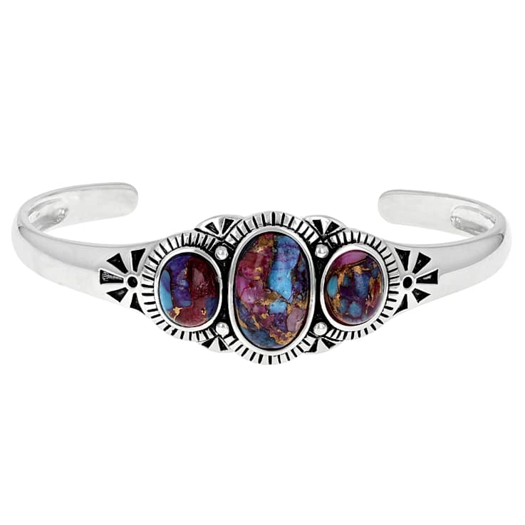 Purple Spiny Oyster And Turquoise Sterling Silver Three-Stone Cuff