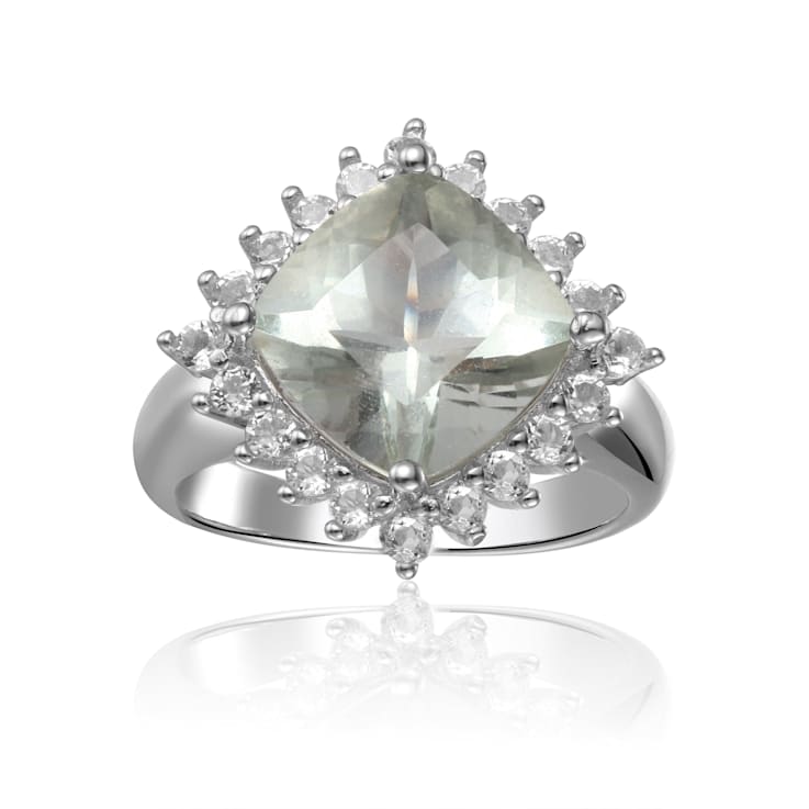 Checkerboard Square Cushion Cut Prasiolite with White Topaz Accents
Sterling Silver Halo Ring