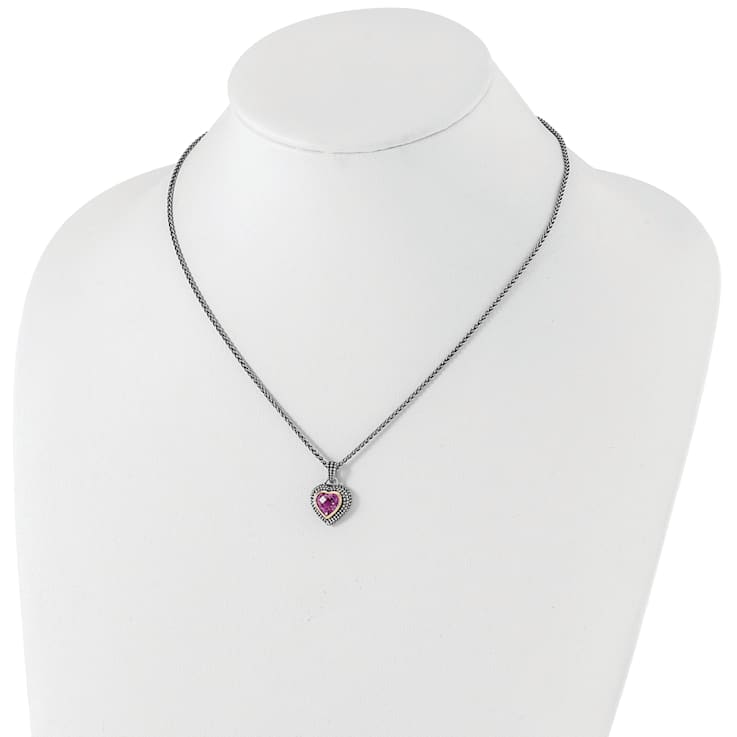Sterling Silver Antiqued with 14K Accent 8mm Created Pink Sapphire Necklace