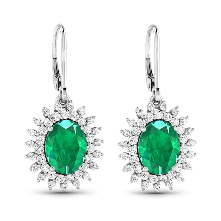 3.06ctw 14K White Gold  Zambian Green Emerald and White Diamond Halo Earrings