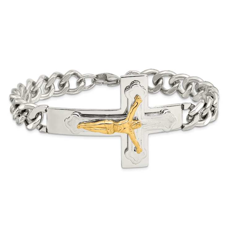 Stainless Steel Polished Yellow IP-plated Crucifix Bracelet