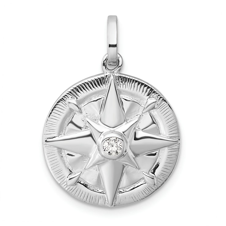 Rhodium Over Sterling Silver Cubic Zirconia Compass Pendant