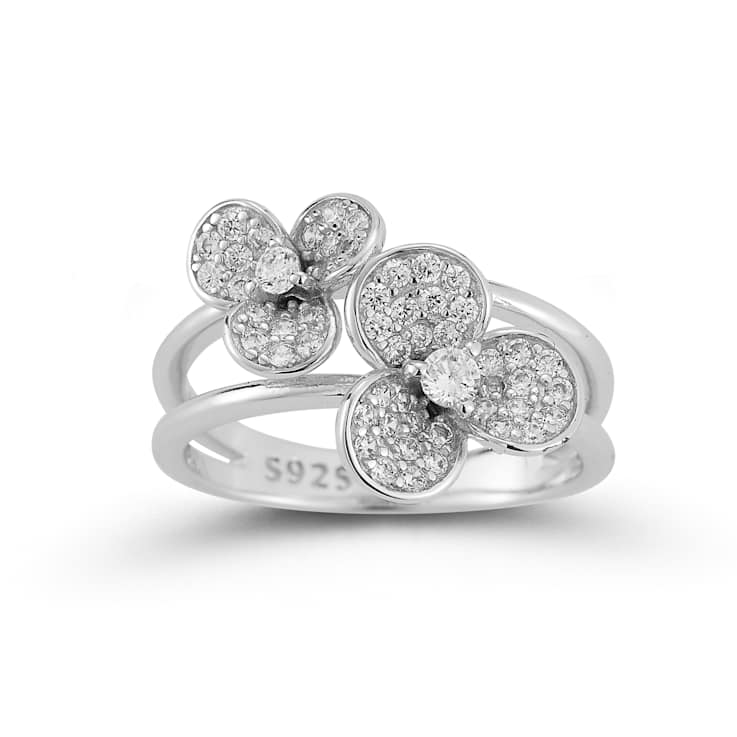 Rachel Zoe CZ Double Flower Stacked Ring in Rhodium Over Sterling Silver
