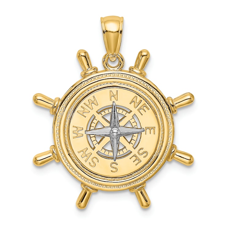 14k Yellow Gold and 14k White Gold Ship's Wheel with Nautical Compass Pendant