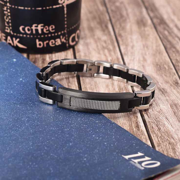 Mens Stainless Steel, Black Leather and Carbon Fiber Link Bracelet