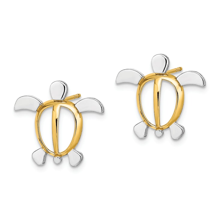 14K Yellow Gold and Rhodium Over 14K Yellow Gold Sea Turtle Stud Earrings