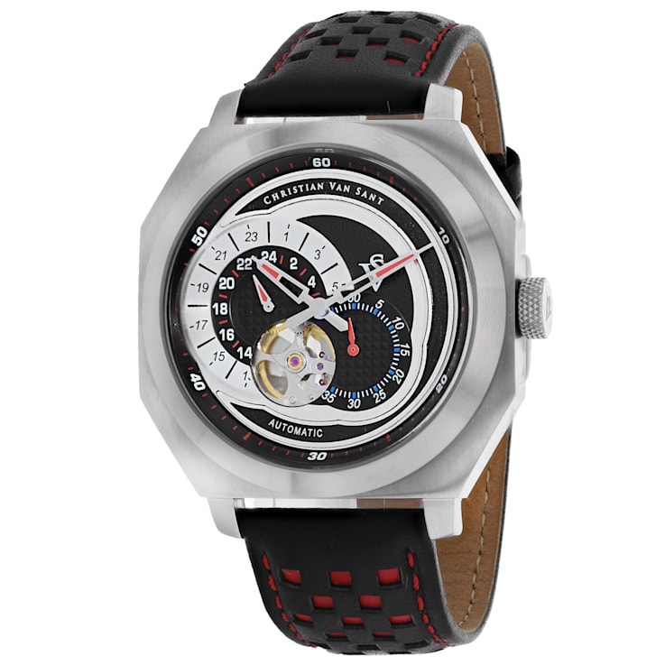 Christian Van Sant Men's Machina Black Dial, Red and Black Leather Strap Watch