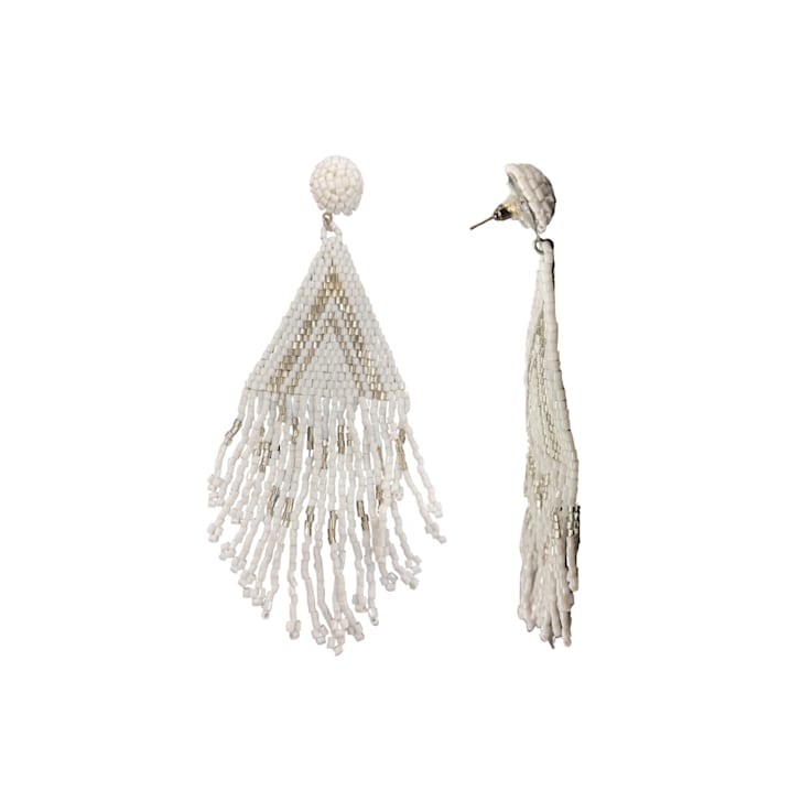 White and Gold Graduated Fringe Seed Bead Earring