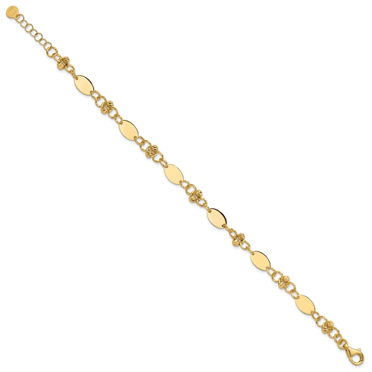 14K Yellow Gold Polished and Diamond-cut Beaded Fancy Plus 1-inch Ext. Bracelet