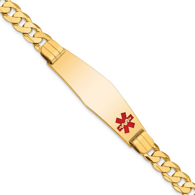 10k Yellow Gold Medical Soft Diamond Shape Red Enamel Curb Link ID Bracelet