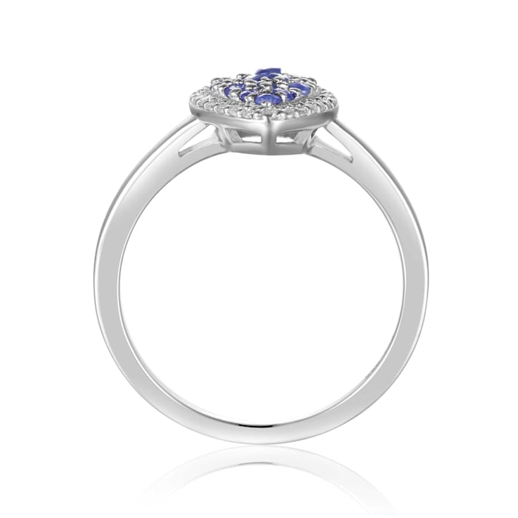 Blue Sapphire and Moissanite Sterling Silver Heart Shape Cluster Ring