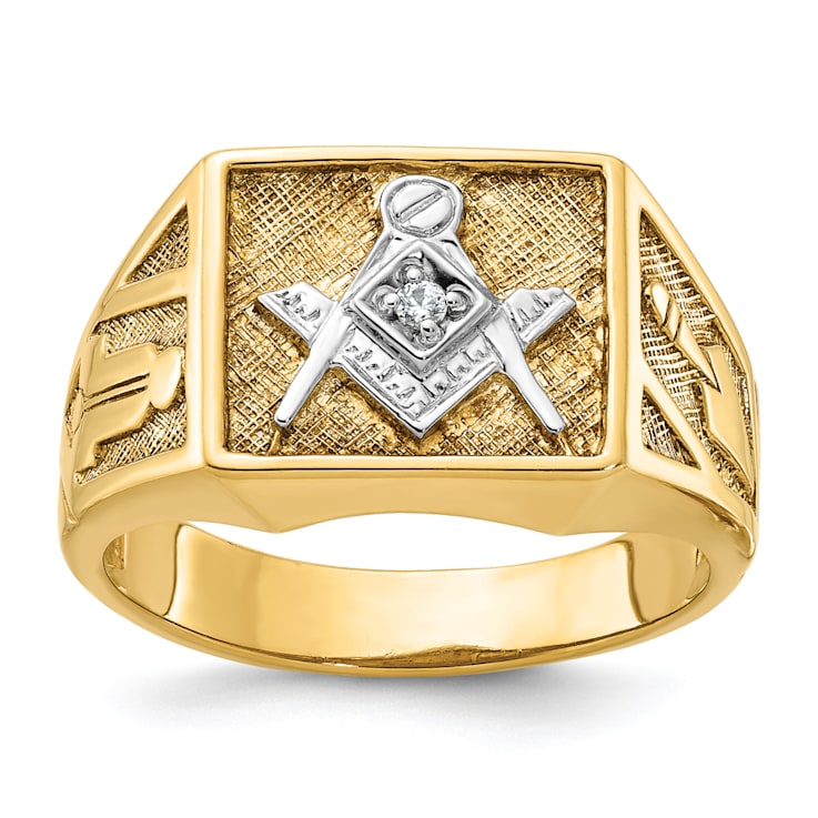 10K Two-tone Yellow and White Gold Textured Diamond Blue Lodge Masonic Ring