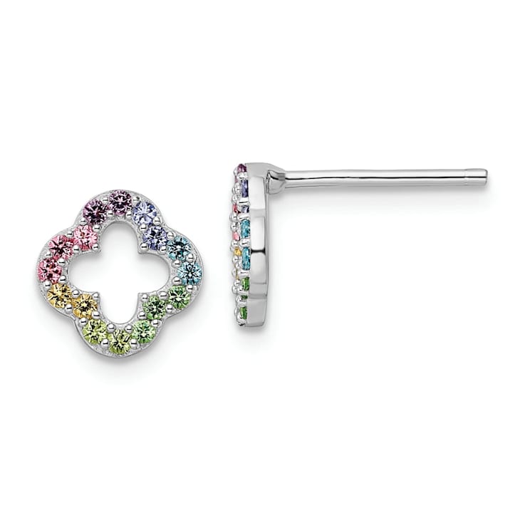 Rhodium Over Sterling Silver Rainbow Crystal Clover Post Earrings