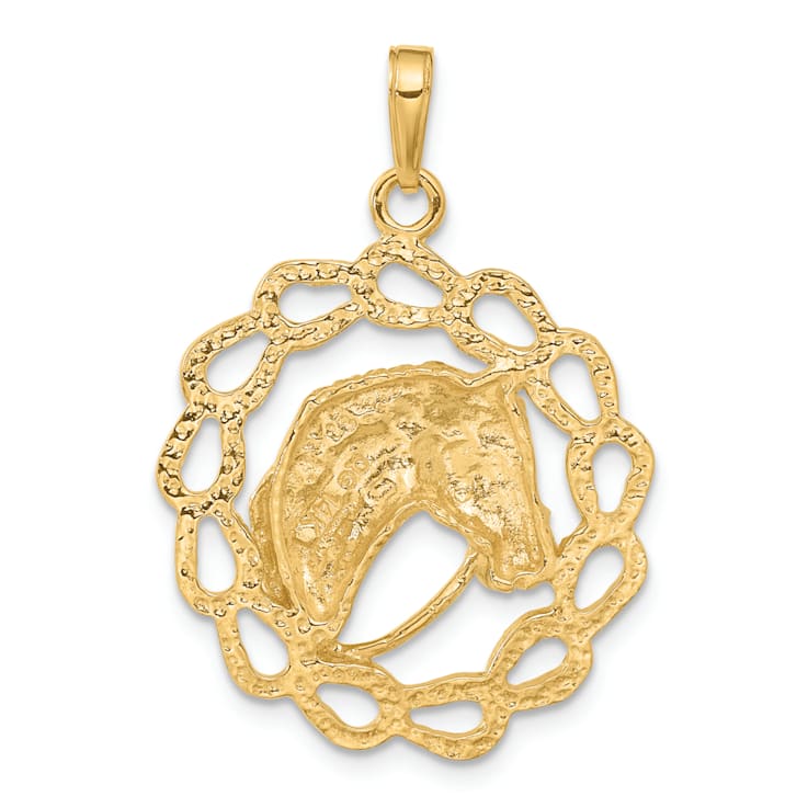 14k Yellow Gold Solid Polished and Textured Horse Head in Horseshoes Pendant