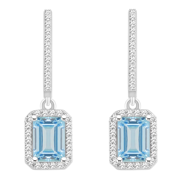7x5mm Emerald Cut Aquamarine 1/3 ctw Diamond Rhodium Over Sterling
Silver Halo Dangle Earrings