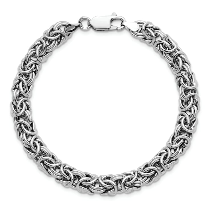 Rhodium Over Sterling Silver 7.5mm Hollow Byzantine 7.5 Inch Bracelet