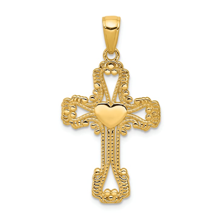 14k Yellow Gold Textured Beaded Cross with Heart Pendant