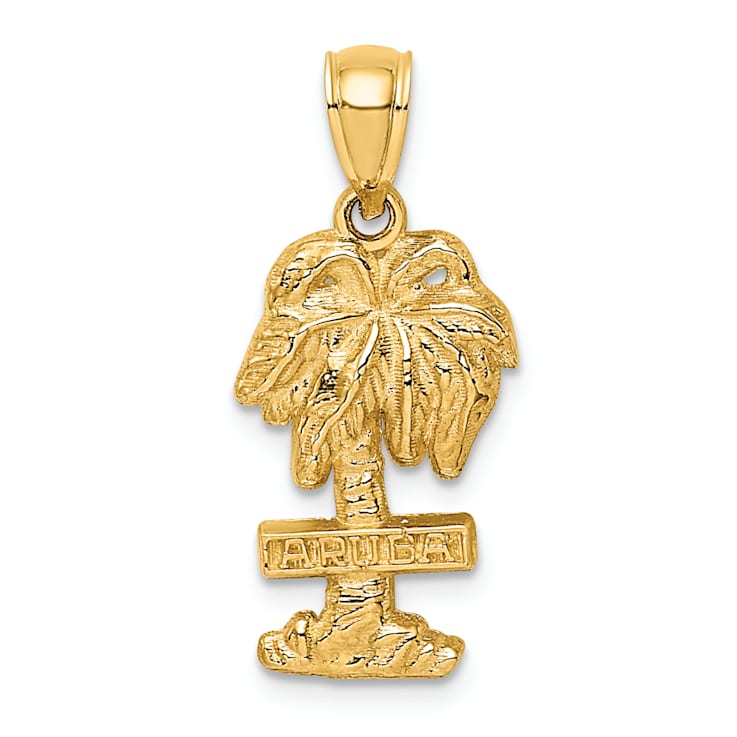 14k Yellow Gold Textured Aruba On Palm Tree Pendant