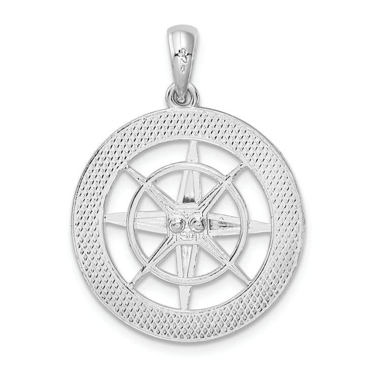 Rhodium Over Sterling Silver Polished Nautical Compass Pendant