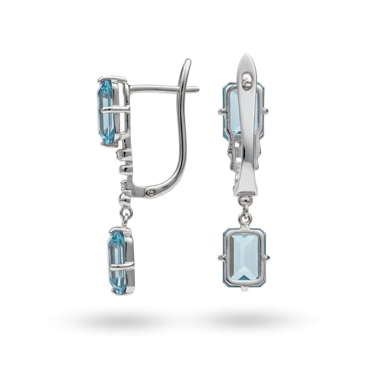 Blue Topaz Octagon Over Sterling Silver Rhodium Drop Earrings