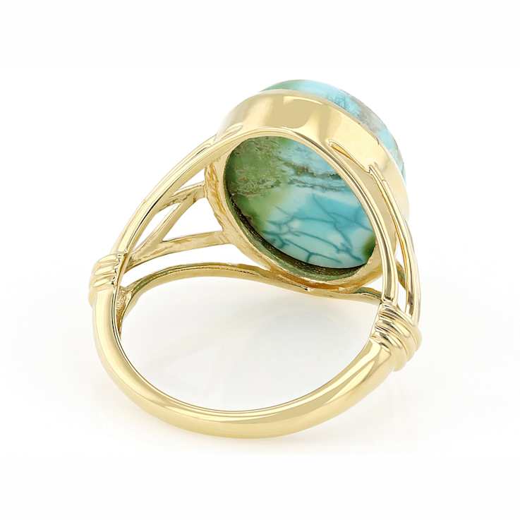 Bi-Color Turquoise Oval Ring In 18K Gold Over Sterling Silver 16x12mm