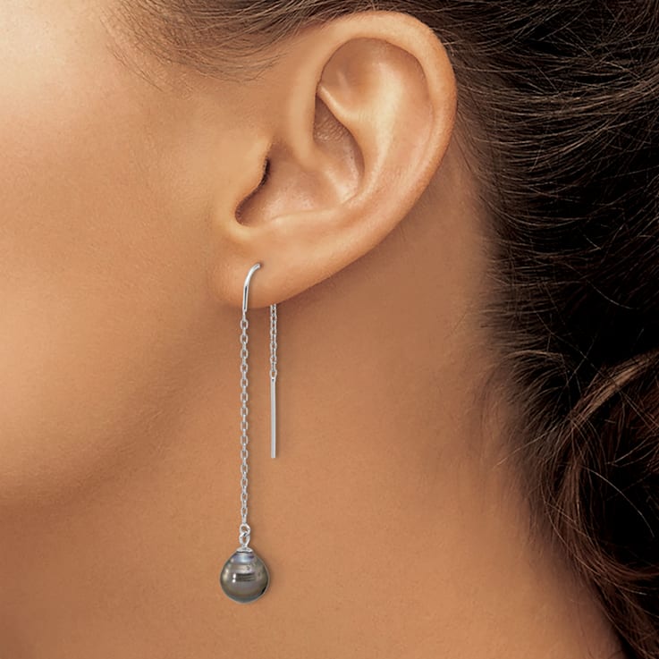 Rhodium Over Sterling Silver Black Tahitian Pearl Threader Earrings