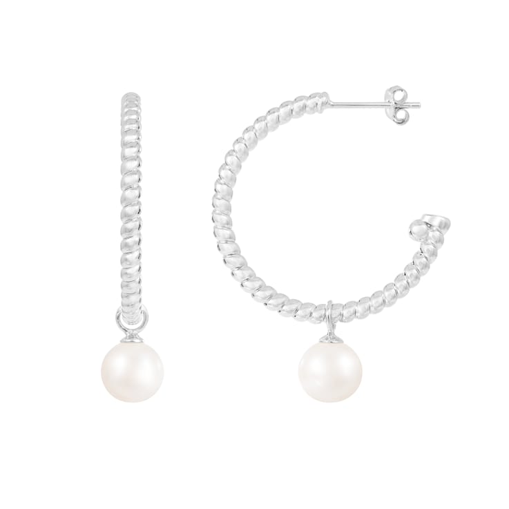 White Cultured Freshwater Pearl Rhodium Over Sterling Silver 7-8mm Round Earrings