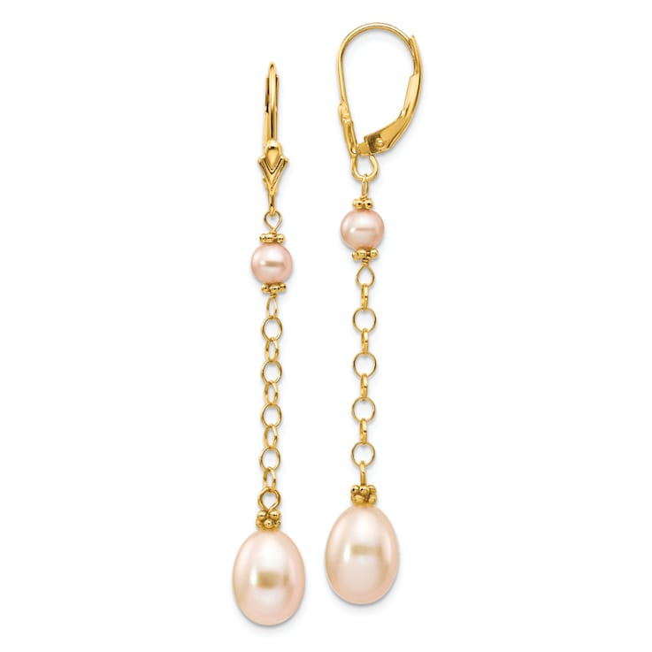 14K Yellow Gold 5-8mm Pink Freshwater Cultured Pearl Leverback Earrings