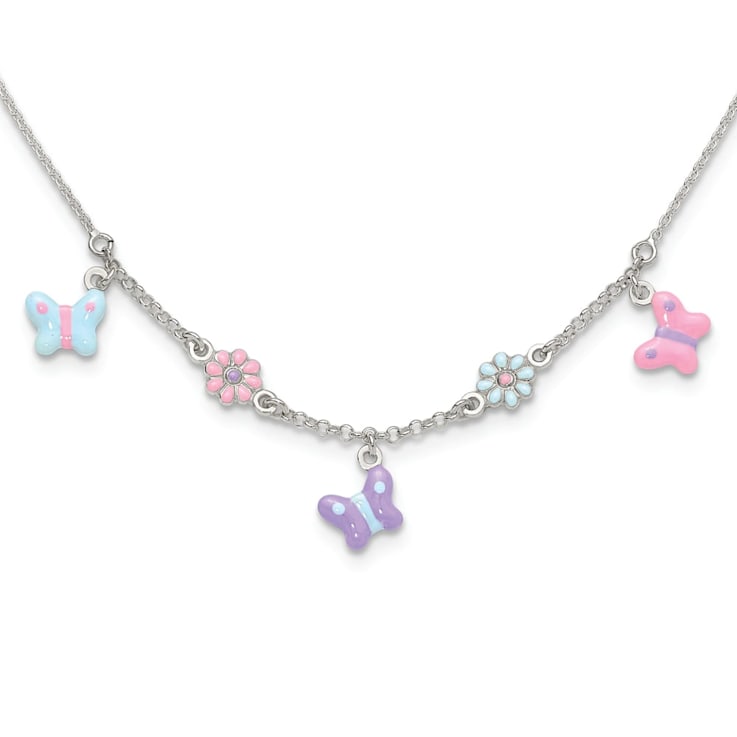 Sterling Silver Polished Enameled Floral and Butterfly Children's Necklace