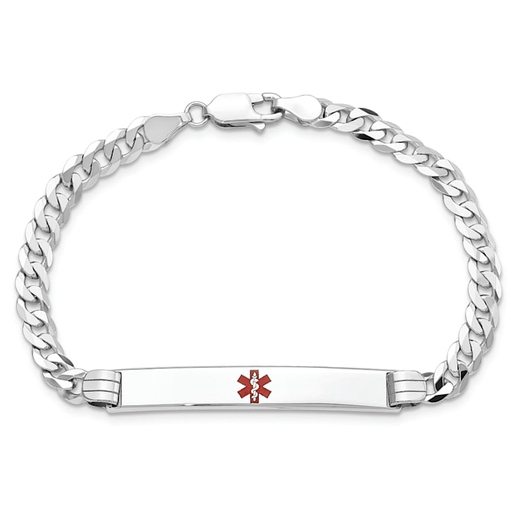 Rhodium Over 14k White Gold Medical Red Enamel Flat Curb Link ID Bracelet