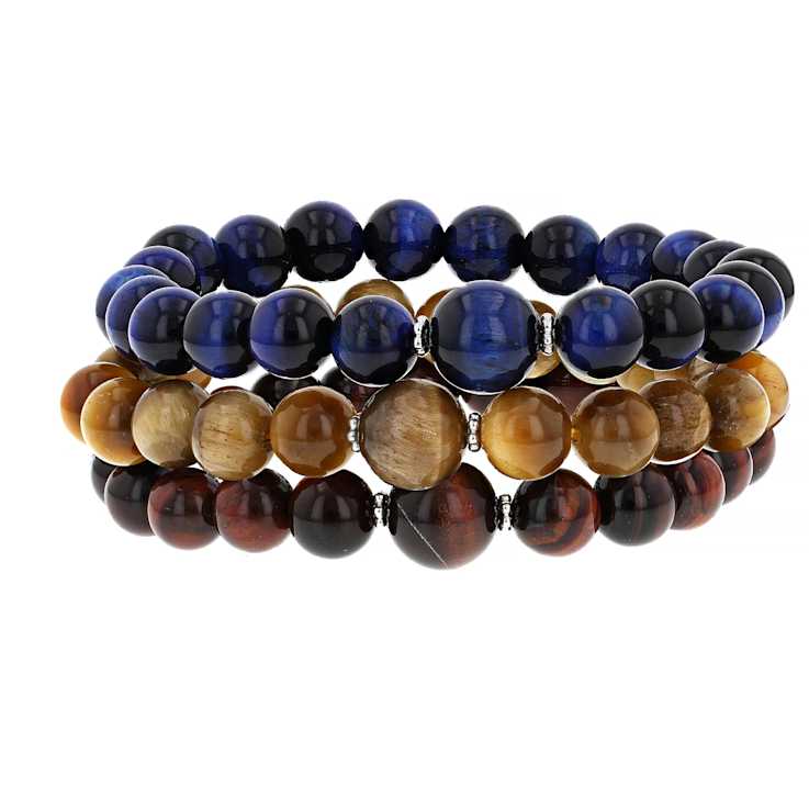 Multi-Color Tiger's Eye Stretchable Bracelet Set Of 3 In Sterling Silver