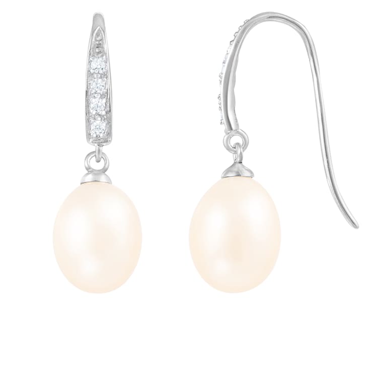 9.5-10mm White Cultured Freshwater Pearl and Cubic Zirconia Rhodium Over
Sterling Silver Earrings