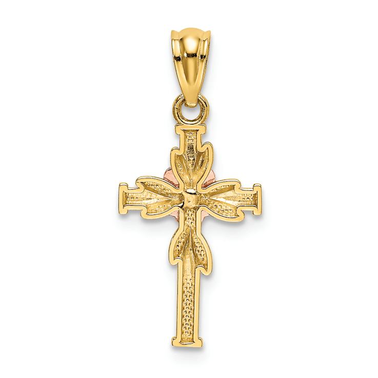 14K Two-tone Gold  Polished, Textured and Diamond-Cut Cross with Flower Pendant