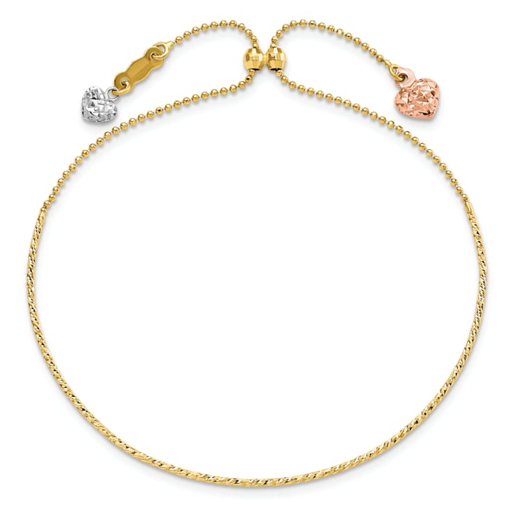 14K Tri-color Diamond-cut Heart Adjustable Bracelet