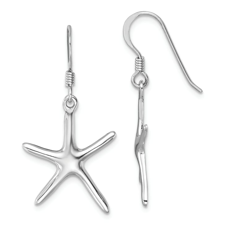 Rhodium Over Sterling Silver Polished Starfish Dangle Earrings
