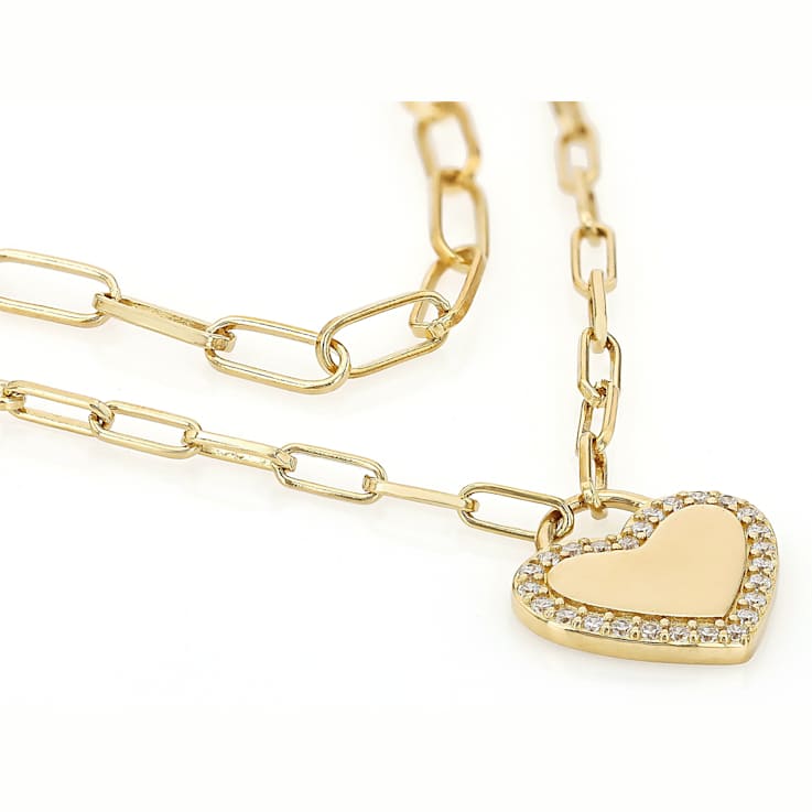 Heart Paperclip Pendant With CZ Necklace In 18k Gold Over Sterling Silver