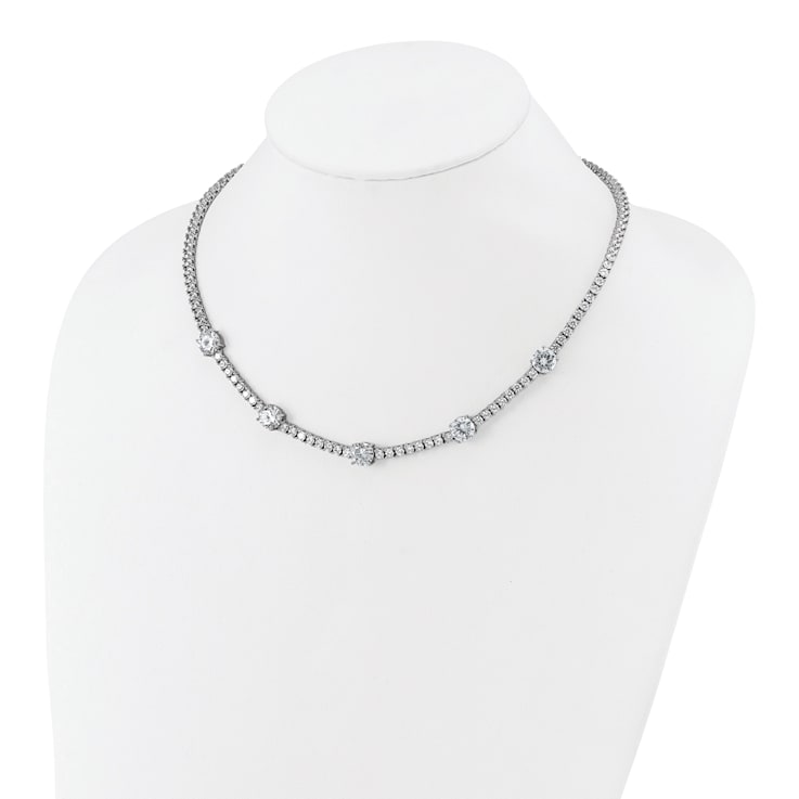 Rhodium Over Sterling Silver Cubic Zirconia Station With Safety Clasp Necklace