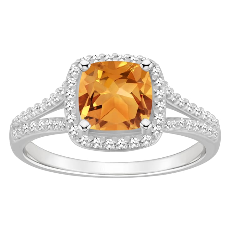 7mm Cushion Citrine 1/4 ctw Diamond Rhodium Over Sterling Silver Halo Ring