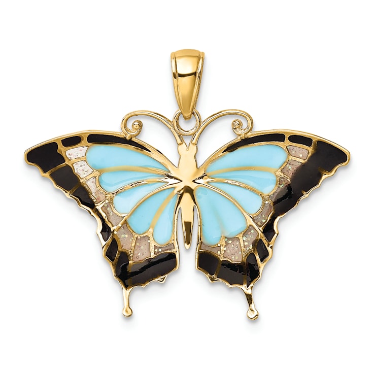 14k Yellow Gold Multi-color Enameled Butterfly Pendant