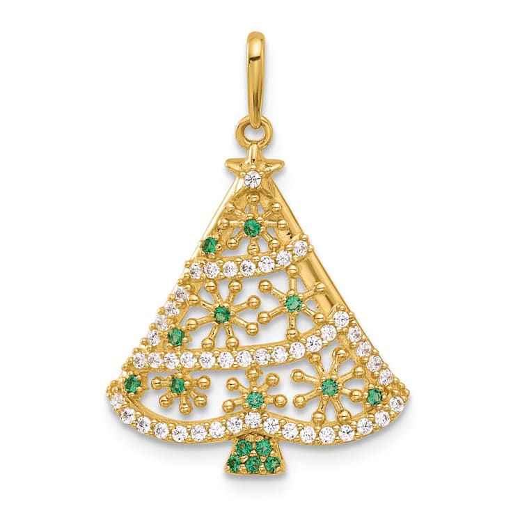 14K Yellow Gold Polished Green and White Cubic Zirconia Christmas Tree Pendant