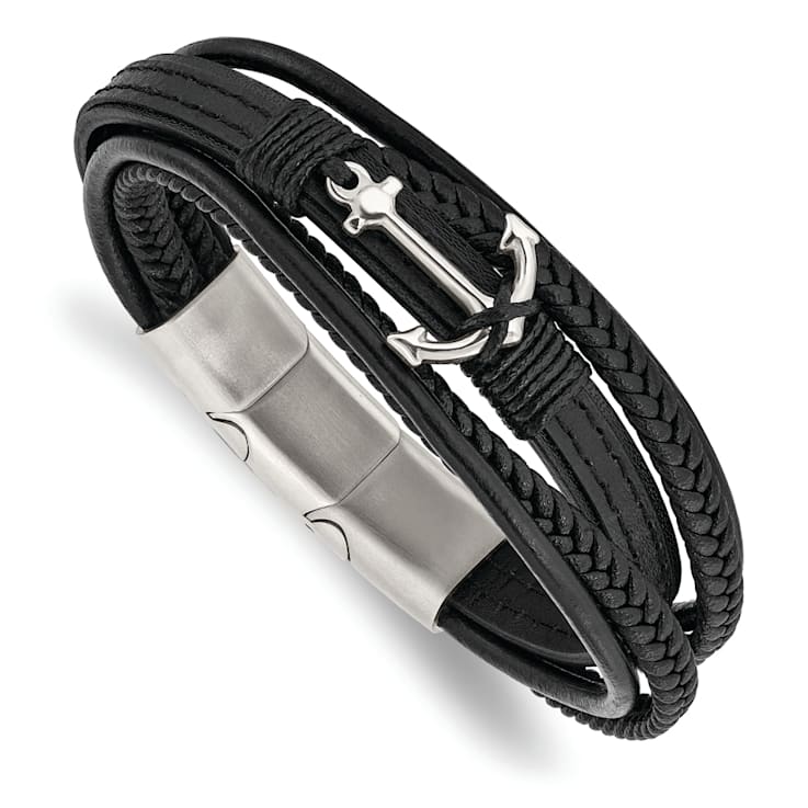 Black Leather and Stainless Steel Polished Anchor Genuine PU with
0.5-inch Extension Bracelet