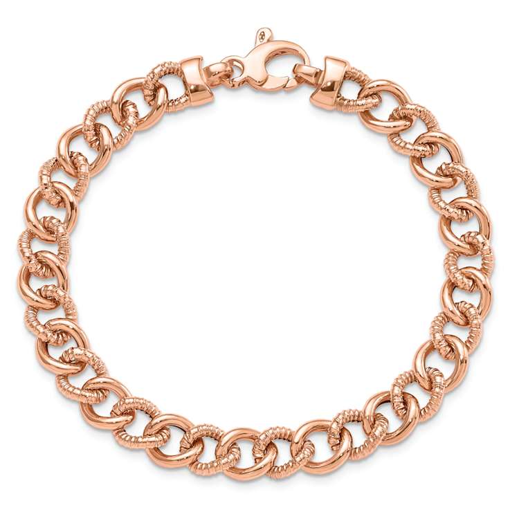 14k Rose Gold 8mm Polished and Textured Fancy Link Bracelet
